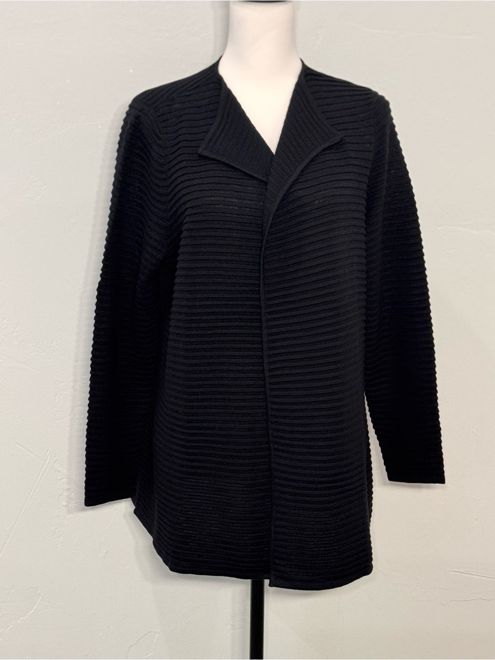 Talbots Black Modern Ottoman Ribbed Open Front Knit Cardigan Sweater Size LP